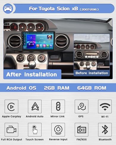 Roinvou 2+64G Android CarPlay Stereo for Toyota Scion xB 2007-2016، مشغل CarPlay لاسلكي مدمج مع Android Auto، شاشة تعمل باللمس مقاس 9 بوصات داخل لوحة القيادة GPS ودعم مرآة Link BT RDS AHD WiFi DSP in Saudi Arabia
