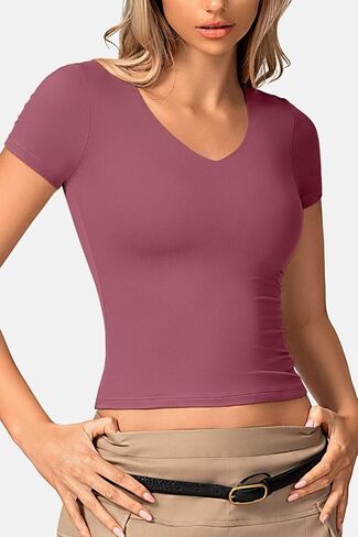Vertvie Women's Sexy V Neck Double Lined Tops Short Sleeve Slim Fitted T Shirts Y2K Tight Basic Tees Going Out Crop Tops in Saudi Arabia