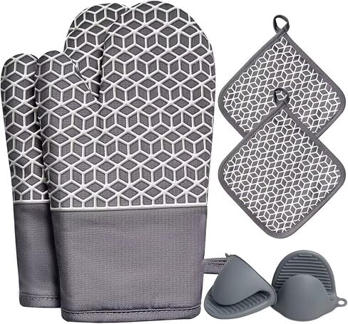 Oven Mitts And Pot Holders Set 6Pcs,Kitchen Oven Glove,High Heat Resistant 500°F Large Size Oven Mits And Potholders With Soft Cotton Lining And Non-Slip Silicone Surface For Cooking (Black) in Kuwait
