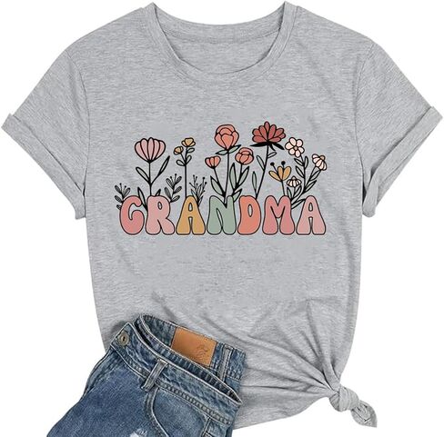 Floral Grandma Shirts for Women Grandmother Wildflower Printed Mother's Day Shirt Mama Casual Short Sleeve Tops in Saudi Arabia