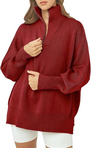 ATHMILE Women's Oversized Sweater 2023 Fall Long Sleeve Quarter Zipper Collar Drop Shoulder Slouchy Pullover Tops in Saudi Arabia