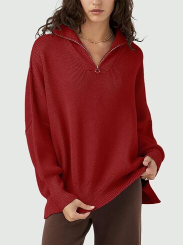 ATHMILE Women's Oversized Sweater 2023 Fall Long Sleeve Quarter Zipper Collar Drop Shoulder Slouchy Pullover Tops in Saudi Arabia