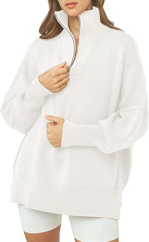 ATHMILE Women's Oversized Sweater 2023 Fall Long Sleeve Quarter Zipper Collar Drop Shoulder Slouchy Pullover Tops in Saudi Arabia