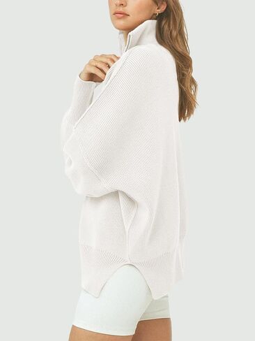 ATHMILE Women's Oversized Sweater 2023 Fall Long Sleeve Quarter Zipper Collar Drop Shoulder Slouchy Pullover Tops in Saudi Arabia