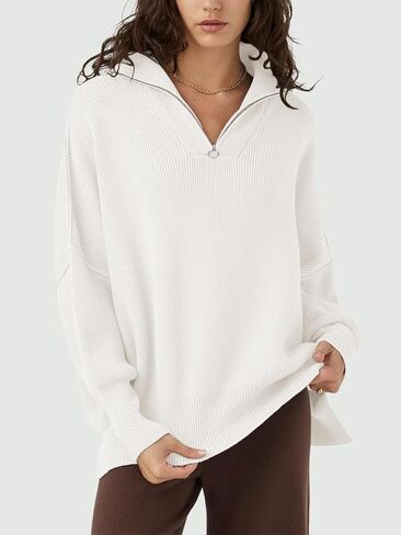 ATHMILE Women's Oversized Sweater 2023 Fall Long Sleeve Quarter Zipper Collar Drop Shoulder Slouchy Pullover Tops in Saudi Arabia