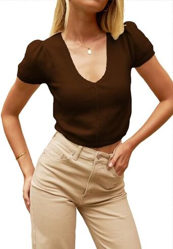 Women's Casual V-Neck Short Sleeve Crop Top Low Cut Knitted Crop Slim Fitted Pullover Shirt Crewneck Solid Tee in Saudi Arabia