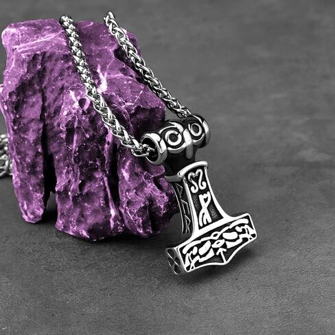 LOBON Viking Thor Hammer Necklace Nordic Vegvisir Valknut Symbol Pendant Stainless Steel Norwegian Amulet Jewelry Gift for Men Women in Saudi Arabia