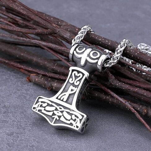 LOBON Viking Thor Hammer Necklace Nordic Vegvisir Valknut Symbol Pendant Stainless Steel Norwegian Amulet Jewelry Gift for Men Women in Saudi Arabia