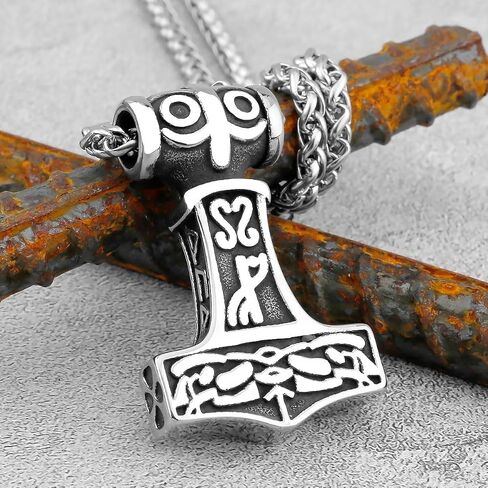 LOBON Viking Thor Hammer Necklace Nordic Vegvisir Valknut Symbol Pendant Stainless Steel Norwegian Amulet Jewelry Gift for Men Women in Saudi Arabia