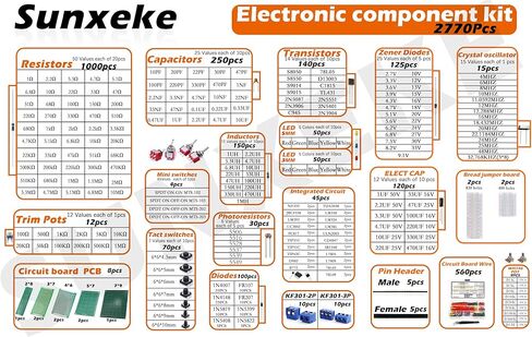 مجموعة متنوعة من المكونات الإلكترونية DIY، تشمل المقاومات، والمكثفات، والصمام الثلاثي، وثنائي الفينيل متعدد الكلور، ومفتاح اللباقة، ومفتاح التبديل، ومقياس الجهد، وLED، والمحاثات، ومذبذب الكريستال، والدوائر المتكاملة. in Kuwait