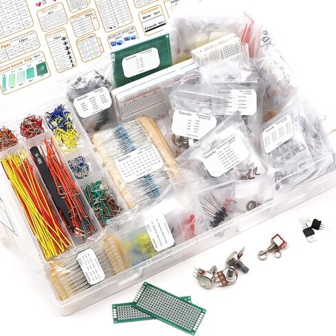 مجموعة متنوعة من المكونات الإلكترونية DIY، تشمل المقاومات، والمكثفات، والصمام الثلاثي، وثنائي الفينيل متعدد الكلور، ومفتاح اللباقة، ومفتاح التبديل، ومقياس الجهد، وLED، والمحاثات، ومذبذب الكريستال، والدوائر المتكاملة. in Kuwait