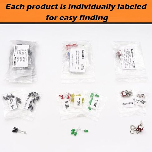 مجموعة متنوعة من المكونات الإلكترونية DIY، تشمل المقاومات، والمكثفات، والصمام الثلاثي، وثنائي الفينيل متعدد الكلور، ومفتاح اللباقة، ومفتاح التبديل، ومقياس الجهد، وLED، والمحاثات، ومذبذب الكريستال، والدوائر المتكاملة. in Kuwait