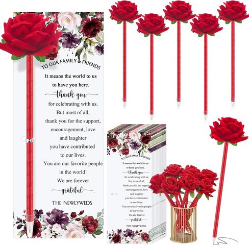 36 Set Wedding Favors for Guests Bulk Artificial Rose Pens Thank You Cards with Twine Flower Pens Ballpoint Pen Black Ink for Wedding Bridal Shower Games Proposal Gift (Cute Style) in Saudi Arabia
