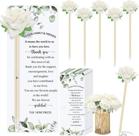 36 Set Wedding Favors for Guests Bulk Artificial Rose Pens Thank You Cards with Twine Flower Pens Ballpoint Pen Black Ink for Wedding Bridal Shower Games Proposal Gift (Cute Style) in Saudi Arabia