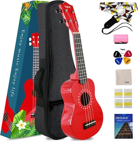 VANPHY Soprano ukulele for beginner kids with Gig Bag,21 Inch uke for Starter, Hawaiian Soprano Ukalalee Polishing adults, Basswood 21 Inch uke bundle with Strap Picks Songbook Cleaning Cloth (Red) in Kuwait