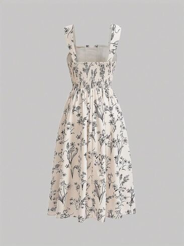 MakeMeChic Women's Floral Print Wide Strap Midi Cami Dress Shirred Flared Hem High Waisted Summer A Line Dress in Saudi Arabia