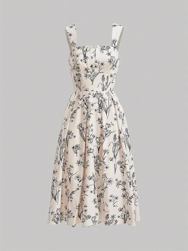 MakeMeChic Women's Floral Print Wide Strap Midi Cami Dress Shirred Flared Hem High Waisted Summer A Line Dress in Saudi Arabia