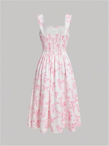 MakeMeChic Women's Floral Print Wide Strap Midi Cami Dress Shirred Flared Hem High Waisted Summer A Line Dress in Saudi Arabia