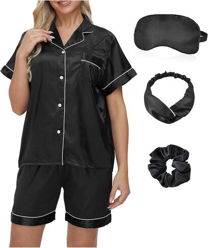 4 Pcs Women's Silky Satin Pajama Set Sleepwear Button Down Loungewear Pjs Set with Eye Mask Hair Band Hair Tie in Saudi Arabia