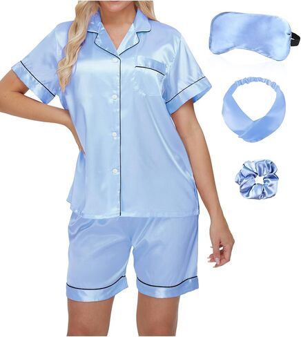 4 Pcs Women's Silky Satin Pajama Set Sleepwear Button Down Loungewear Pjs Set with Eye Mask Hair Band Hair Tie in Saudi Arabia