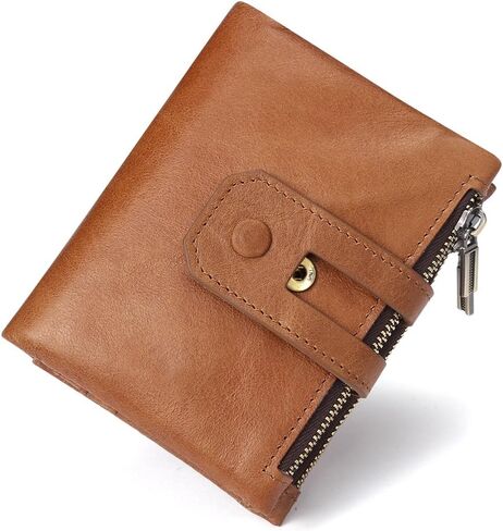 محفظة بطاقات ManChDa للرجال - جلد طبيعي RFID بسحاب مزدوج للعملات المعدنية وجيب بني ذو سعة كبيرة وحامل بطاقات جيب هدايا لعيد الأب in Kuwait