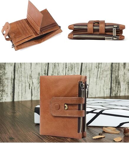 محفظة بطاقات ManChDa للرجال - جلد طبيعي RFID بسحاب مزدوج للعملات المعدنية وجيب بني ذو سعة كبيرة وحامل بطاقات جيب هدايا لعيد الأب in Kuwait