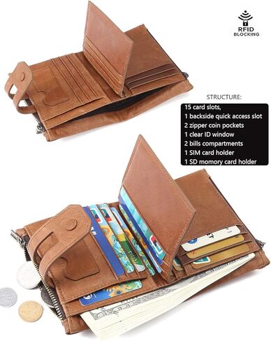 محفظة بطاقات ManChDa للرجال - جلد طبيعي RFID بسحاب مزدوج للعملات المعدنية وجيب بني ذو سعة كبيرة وحامل بطاقات جيب هدايا لعيد الأب in Kuwait