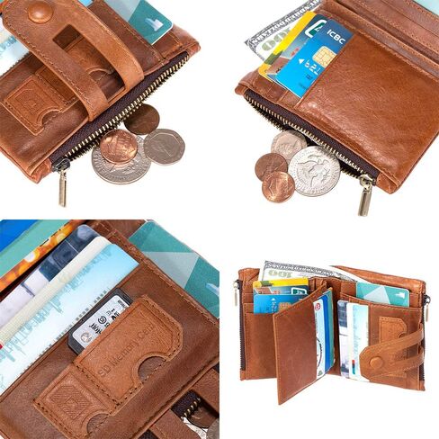 محفظة بطاقات ManChDa للرجال - جلد طبيعي RFID بسحاب مزدوج للعملات المعدنية وجيب بني ذو سعة كبيرة وحامل بطاقات جيب هدايا لعيد الأب in Kuwait
