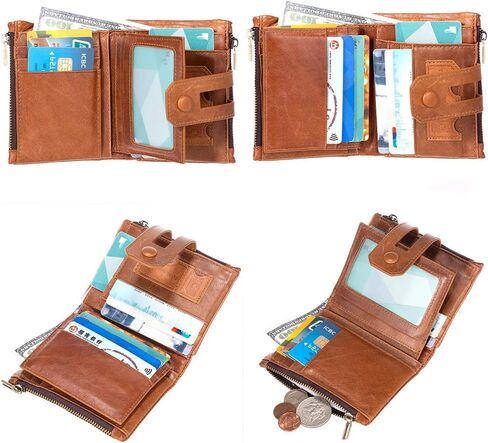 محفظة بطاقات ManChDa للرجال - جلد طبيعي RFID بسحاب مزدوج للعملات المعدنية وجيب بني ذو سعة كبيرة وحامل بطاقات جيب هدايا لعيد الأب in Kuwait