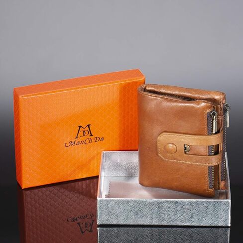محفظة بطاقات ManChDa للرجال - جلد طبيعي RFID بسحاب مزدوج للعملات المعدنية وجيب بني ذو سعة كبيرة وحامل بطاقات جيب هدايا لعيد الأب in Kuwait