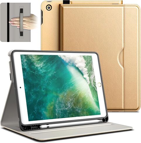 حافظة JETech لجهاز iPad 6/5 (9.7 بوصة، موديل 2018/2017، الجيل السادس/الخامس)، غطاء تابلت واقٍ من جلد البولي يوريثان مع حامل أقلام وجيب، رؤية متعددة الزوايا (أسود) in Saudi Arabia