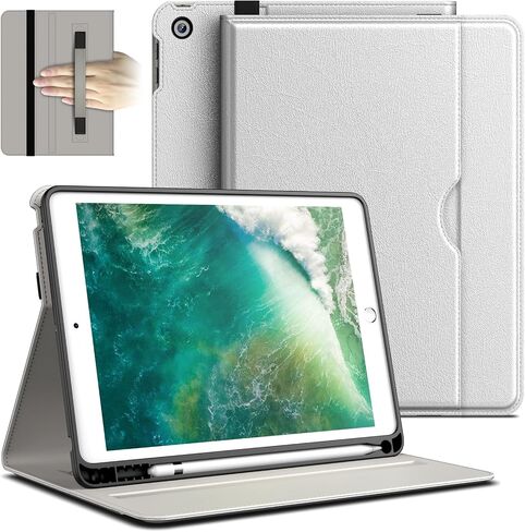 حافظة JETech لجهاز iPad 6/5 (9.7 بوصة، موديل 2018/2017، الجيل السادس/الخامس)، غطاء تابلت واقٍ من جلد البولي يوريثان مع حامل أقلام وجيب، رؤية متعددة الزوايا (أسود) in Saudi Arabia