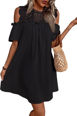 WDIRARA Women's Cold Shoulder Frill Trim Short Sleeve Cut Out Casual Dress in Saudi Arabia