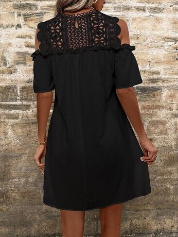 WDIRARA Women's Cold Shoulder Frill Trim Short Sleeve Cut Out Casual Dress in Saudi Arabia