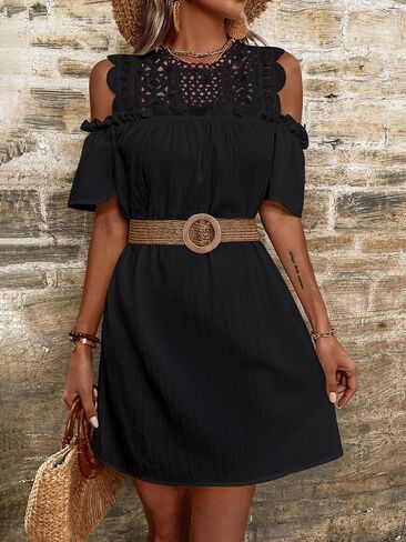 WDIRARA Women's Cold Shoulder Frill Trim Short Sleeve Cut Out Casual Dress in Saudi Arabia