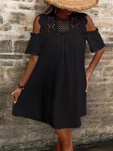 WDIRARA Women's Cold Shoulder Frill Trim Short Sleeve Cut Out Casual Dress in Saudi Arabia