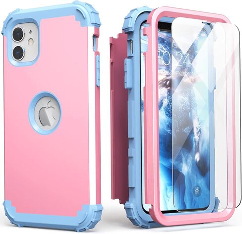 IDweel for iPhone 11 Case with Screen Protector(Tempered Glass), Hybrid 3 in 1 Shockproof Slim Fit Heavy Duty Protection Hard PC Cover Soft Silicone Bumper Full Body Case,Rose Gold in Saudi Arabia