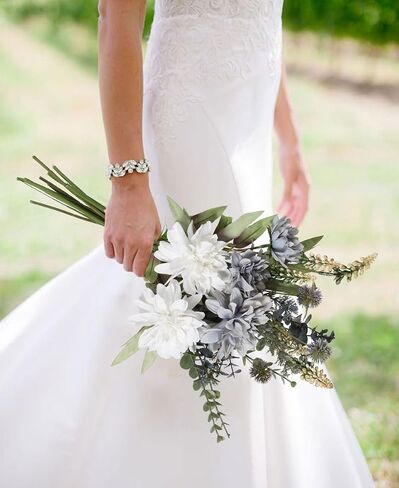 Artificial Fake Flowers Bouquet White Grey Silk Flower for Craft Arrangements Wedding Bouquets Faux Flowers for Vase for Kitchen Garden Home Party Table Décor (White Grey) in Saudi Arabia