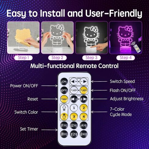 Kitty Night Light Room Decor, Cute Birthday Gifts for Little Girls Kids, Kitty Stuff for Bedroom Decorations, Smart Cat Lamp with Remote Control, Dimmer, Timer, RGB Lights, 3D Cute Stickers in Saudi Arabia
