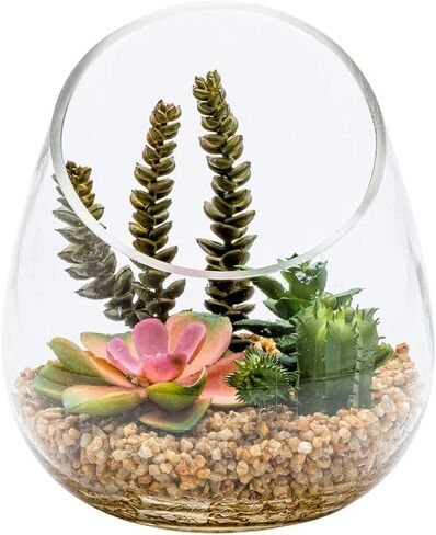 4.7 x 5 Inch Faux Succulent, 1 Realistic Artificial Succulent - In Incline Edge Glass Terrarium, Use As Table Decor, Shelf Decor, Or Centerpiece, Plastic Fake Desk Plant, For Homes Or Weddings in Saudi Arabia