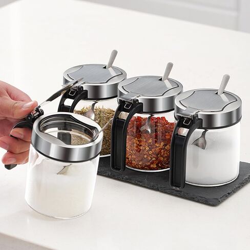 Kitchen Clear Glass Spice Jars Seasonning Box Set of 2 with Spoons, Seasoning Containers Bottles with Stainless Steel Cap,10oz for Home and Kitchen (2) in Kuwait