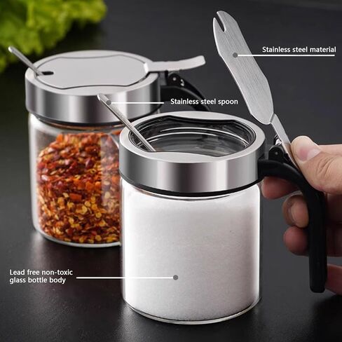 Kitchen Clear Glass Spice Jars Seasonning Box Set of 2 with Spoons, Seasoning Containers Bottles with Stainless Steel Cap,10oz for Home and Kitchen (2) in Kuwait