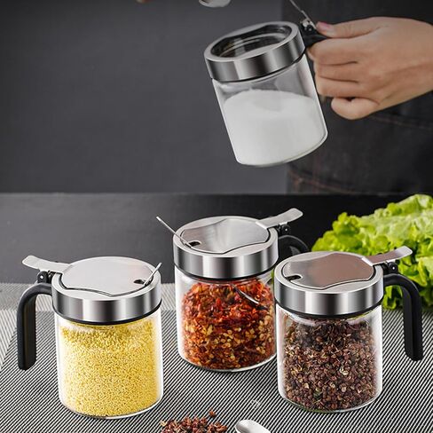 Kitchen Clear Glass Spice Jars Seasonning Box Set of 2 with Spoons, Seasoning Containers Bottles with Stainless Steel Cap,10oz for Home and Kitchen (2) in Kuwait