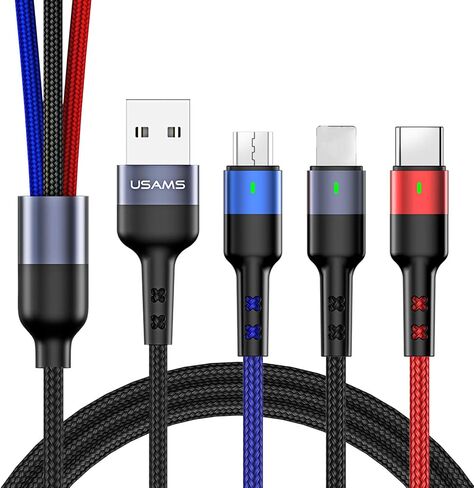 USAMS كابل USB متعدد 1 قدم 2 حزمة قصيرة 3 في 1 كابل شحن مهايئ نايلون مضفر مع موصلات منفذ USB صغير من النوع C للهواتف المحمولة والمزيد in Kuwait