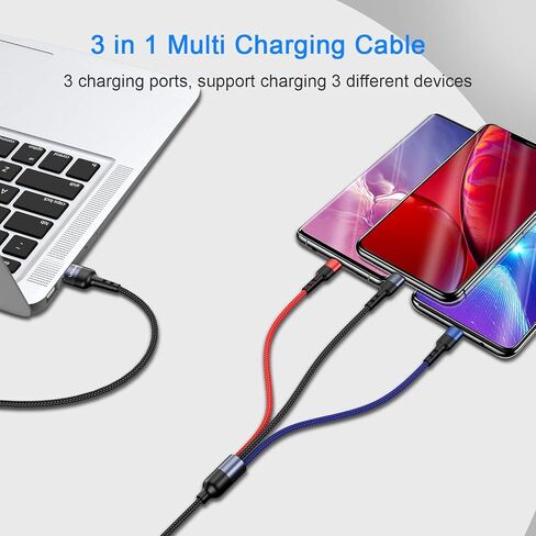 USAMS كابل USB متعدد 1 قدم 2 حزمة قصيرة 3 في 1 كابل شحن مهايئ نايلون مضفر مع موصلات منفذ USB صغير من النوع C للهواتف المحمولة والمزيد in Kuwait