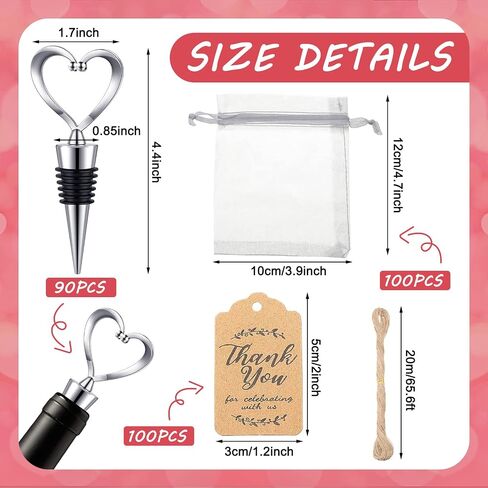 90 Pack Heart Shaped Wine Stoppers Wedding Favors for Guests Stainless Steel Love Beverage Bottle Stopper with 100 Tags 100 Organza Bags and Twine Bulk for Bridal Shower Valentines Party Favors Gifts in Saudi Arabia