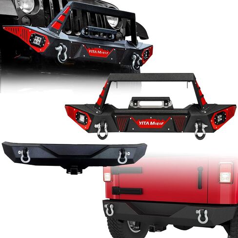 المصد الخلفي YITAMOTOR متوافق مع 07-18 Jeep Wrangler JK & Unlimited Rock Crawler Off Road Bumper مع جهاز استقبال وصلة 2 بوصة وحلقة على شكل حرف D، أسود مزخرف in Saudi Arabia
