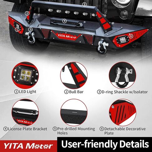 المصد الخلفي YITAMOTOR متوافق مع 07-18 Jeep Wrangler JK & Unlimited Rock Crawler Off Road Bumper مع جهاز استقبال وصلة 2 بوصة وحلقة على شكل حرف D، أسود مزخرف in Saudi Arabia