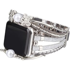 Wrap Bands Compatible for Apple Watch, Multilayer Leather Bracelet Bands with Beaded and Boho Decor Replacement for Apple Watch SE SE2 8 7 6 5 4 3 2 1 Women Man