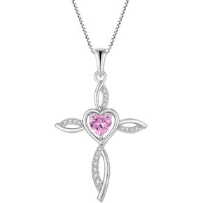Cross Pendant 925 Sterling Silver Birthstone Infinity Loop Cross Necklace Heart-shaped Birthstone Cross